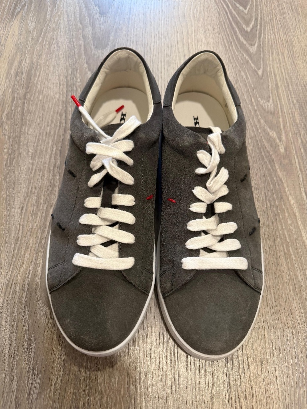 Kiton Napoli Grey Suede Low Top Sneakers Red Dot Detail IT 44 US 10-11